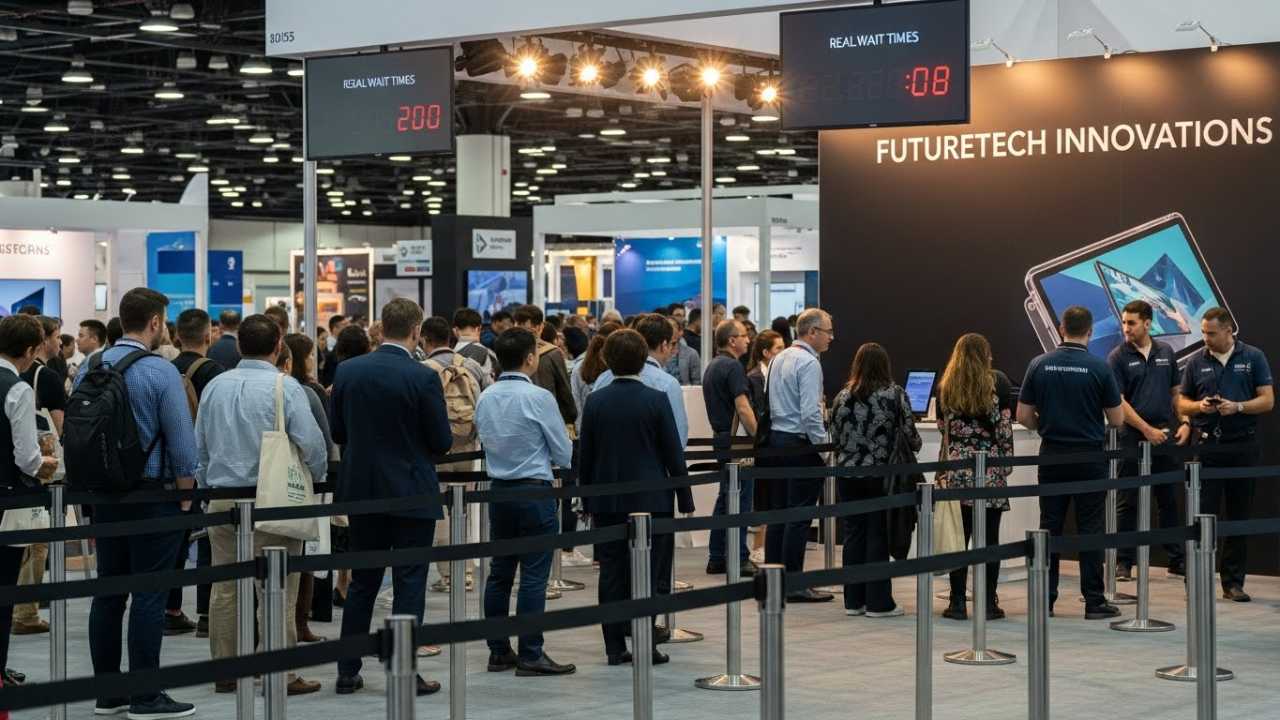people standing in long lines of tech event