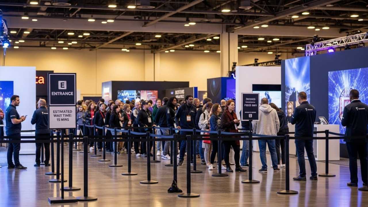 people standing in queue for event check-in