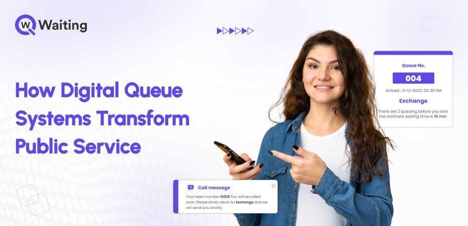 Smiling woman using a phone with digital queue information displayed; concept of digital queue system for public services.