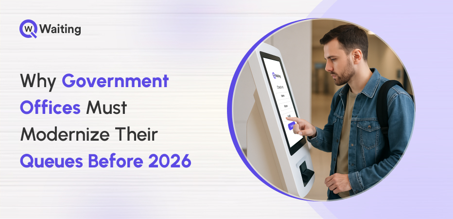 A man using a digital queue kiosk at a government office to check in, showcasing modern queue management technology.