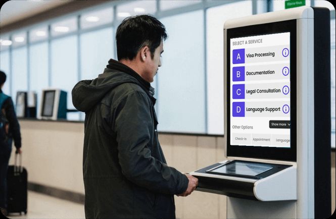 person using self-check in kiosk
