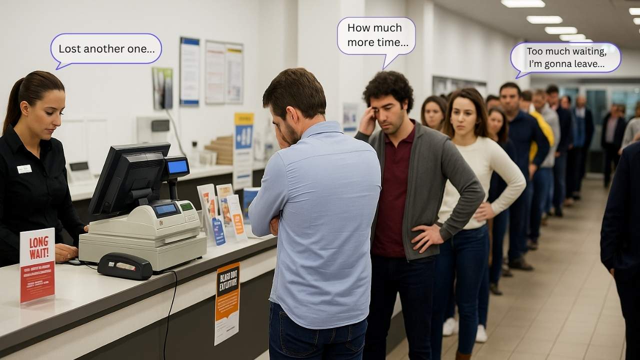 Frustrated Customers Standing in a Queue