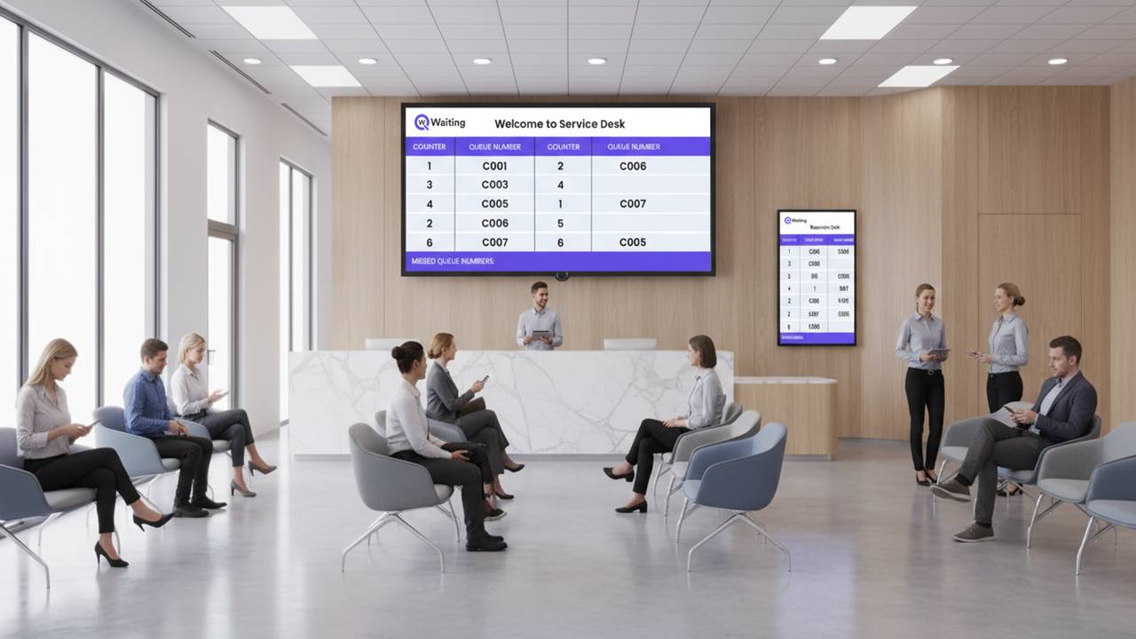 digital signage screens in waiting area showing queue status