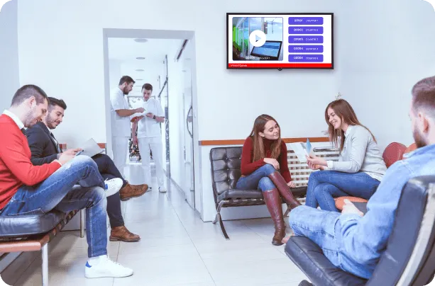 digital signage showing queue status to people in waiting area