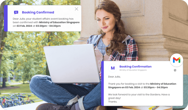 student receiving booking confirmation via sms and mail