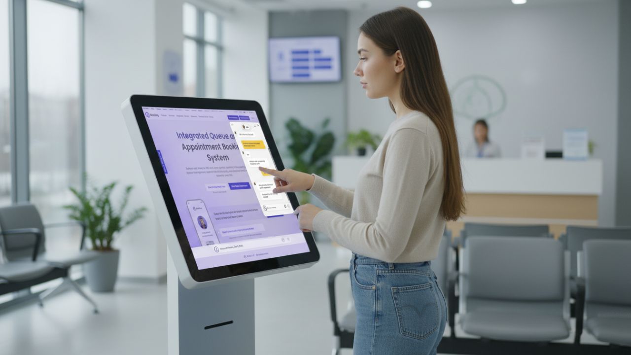 a girl using self check-in kiosk chatbot