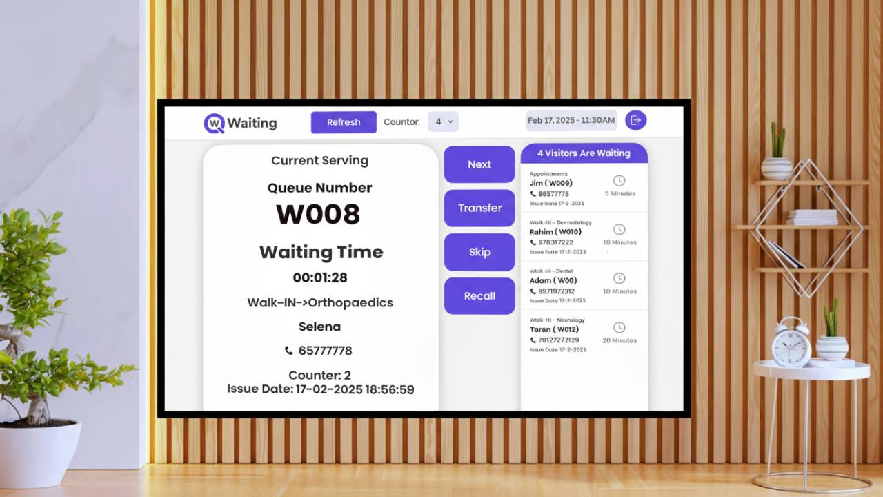 digital signage showing customer’s queue status and waiting time