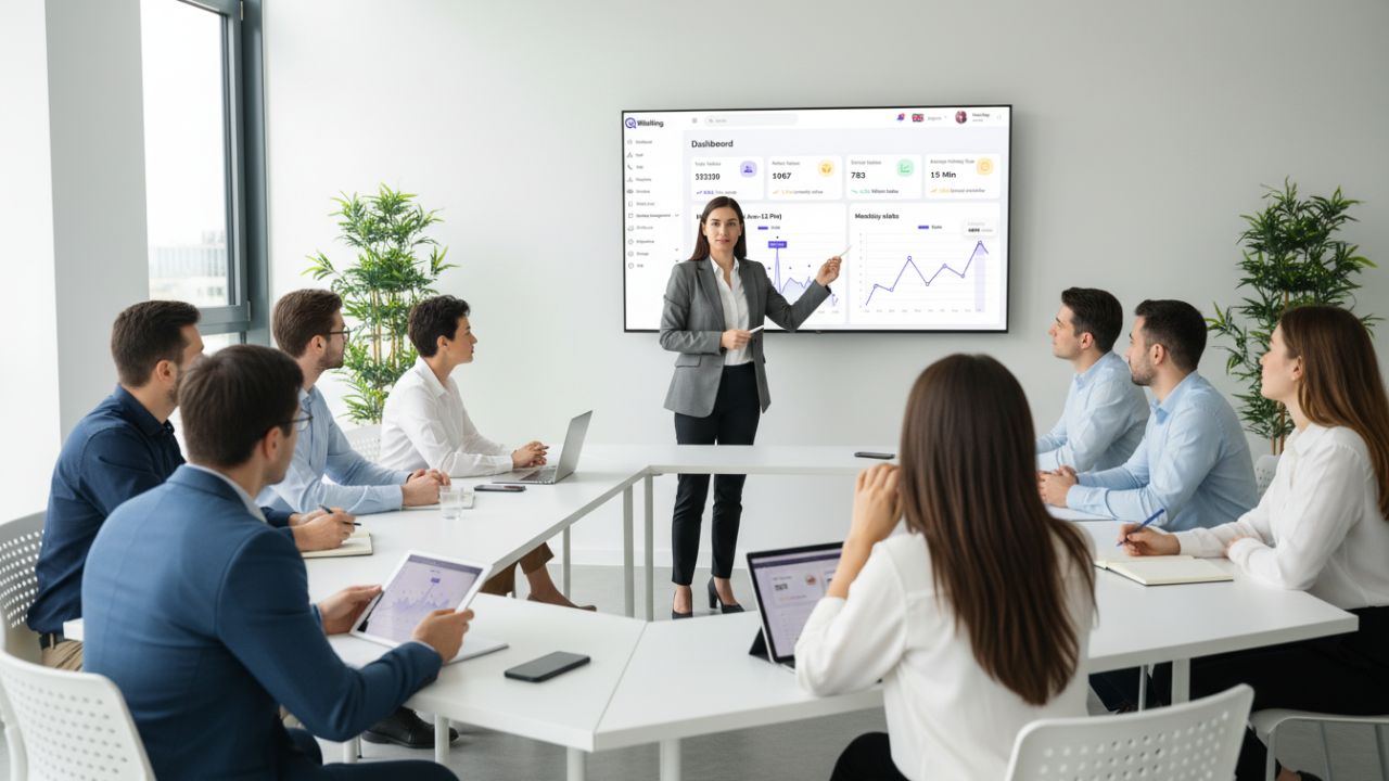 manager demonstrating queue system to staff members