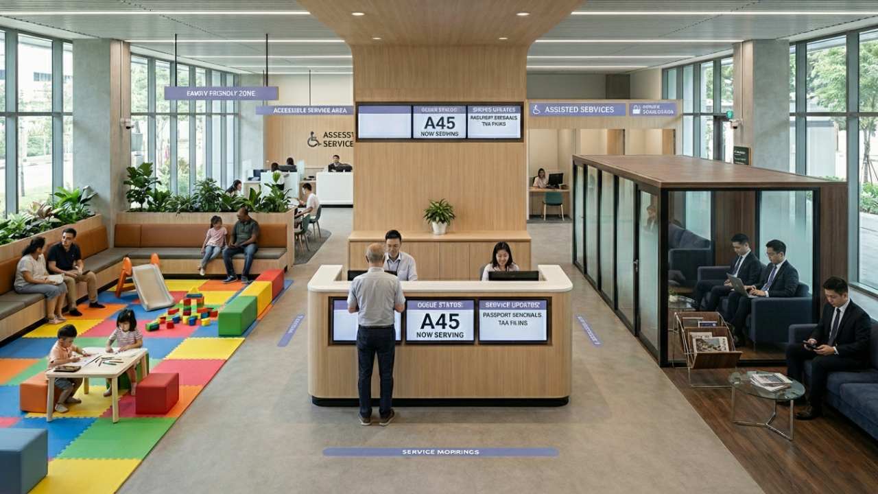 modern waiting area with reception and different waiting zones