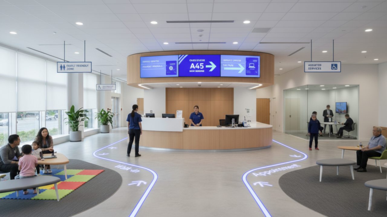 modern waiting area with smart signage showing clear signs