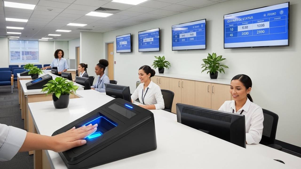 person scanning hand for biometric check-in