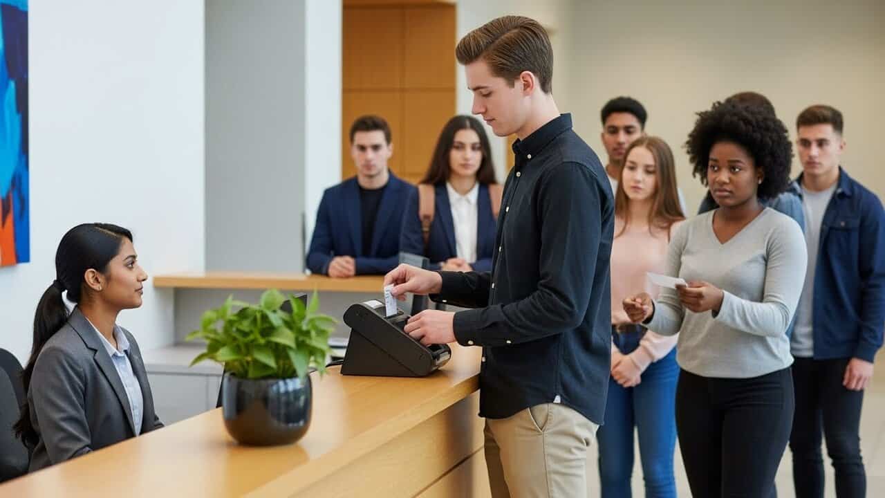 traditional queueing - a person taking paper token to join the queue