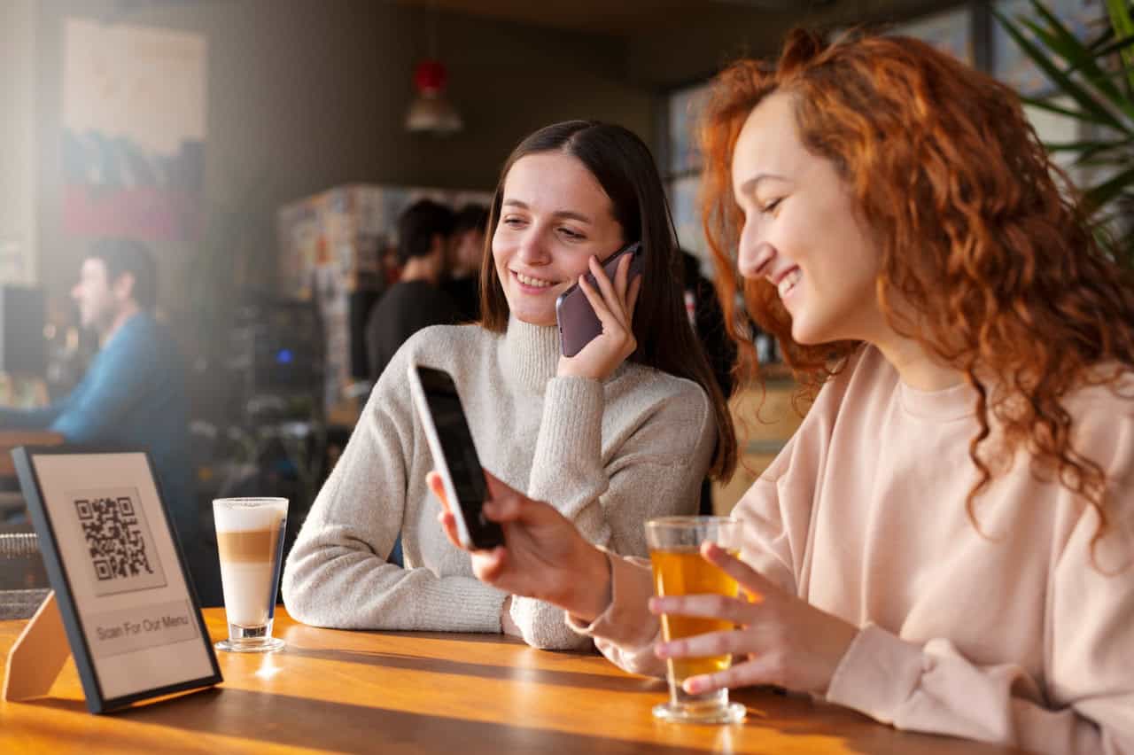 women joining queue with qr code waiting at cafe