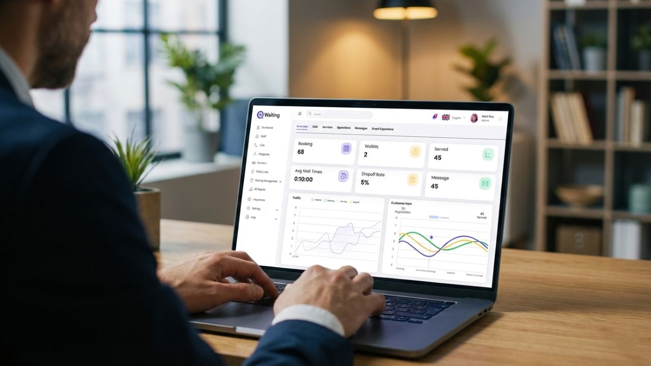 manager checking bookings, waitlist and average wait time data on dashboard