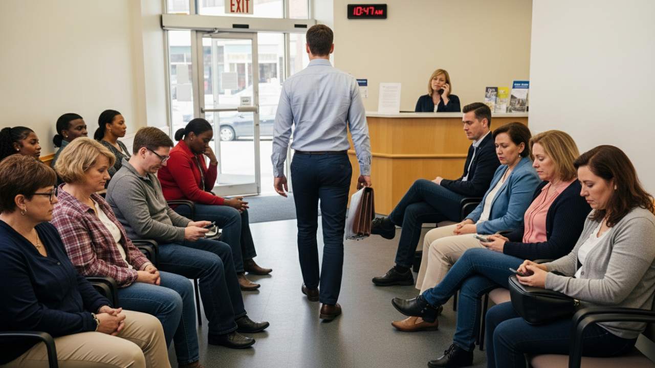 customer walk out from crowded waiting area