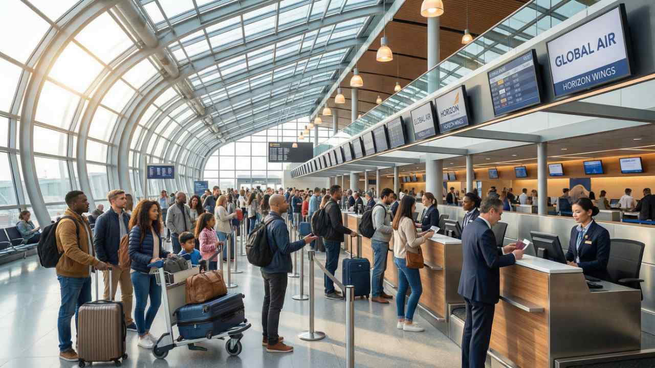 passengers standing in manual check-in lines at the airport