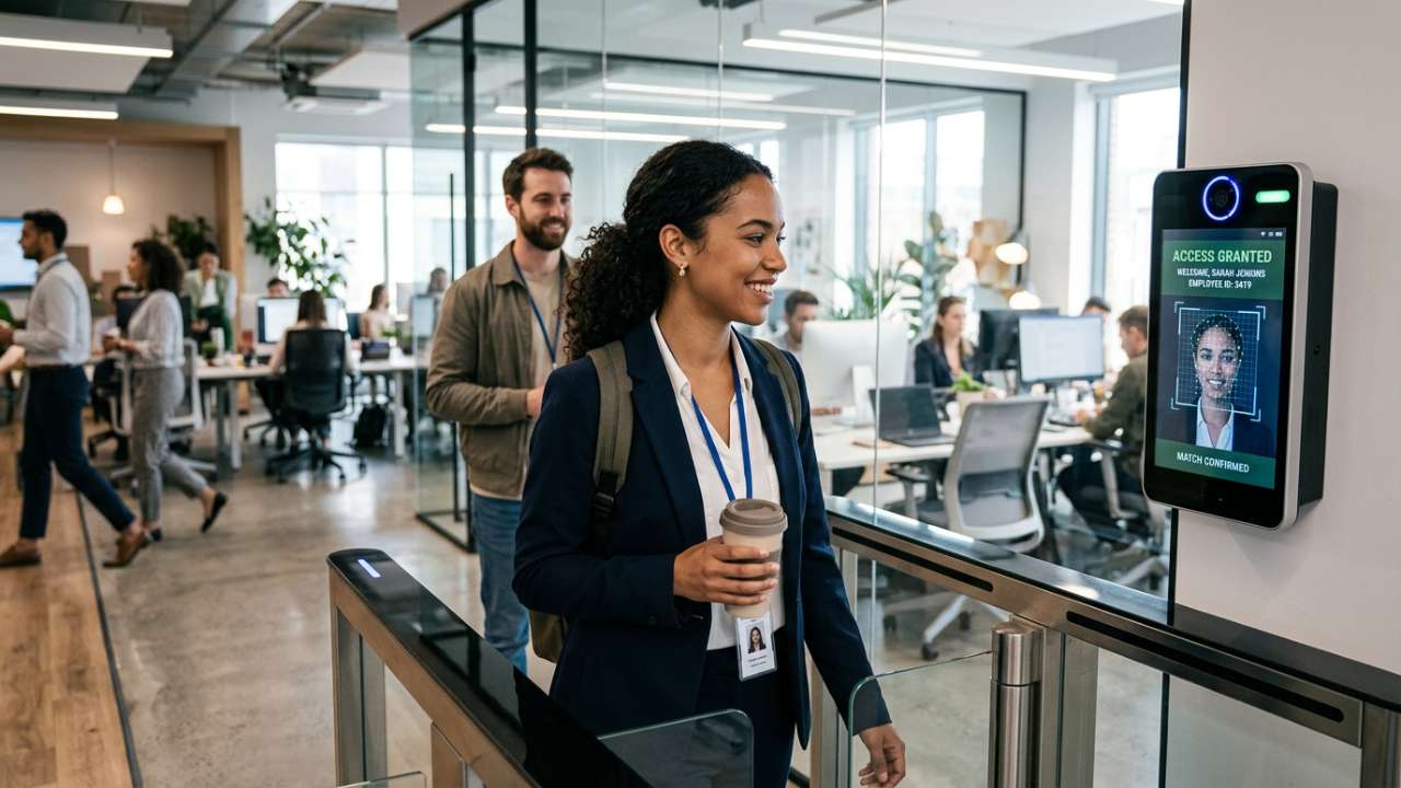 a woman using facial recognition technology to get access in office