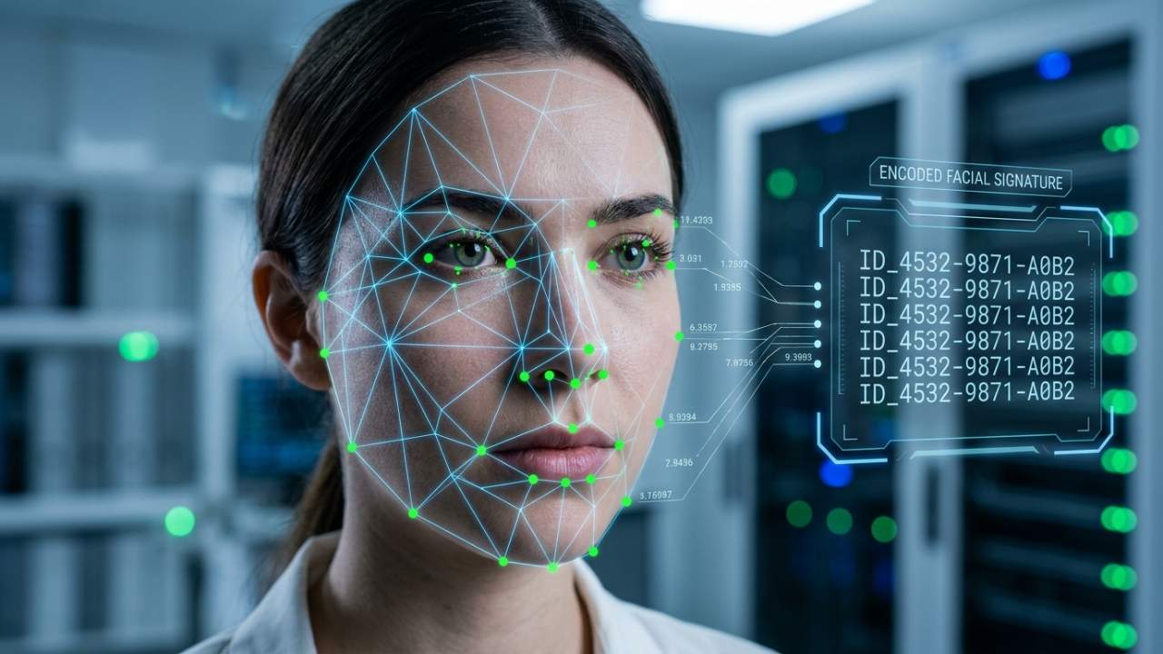 facial identification software analyzing face biometric data