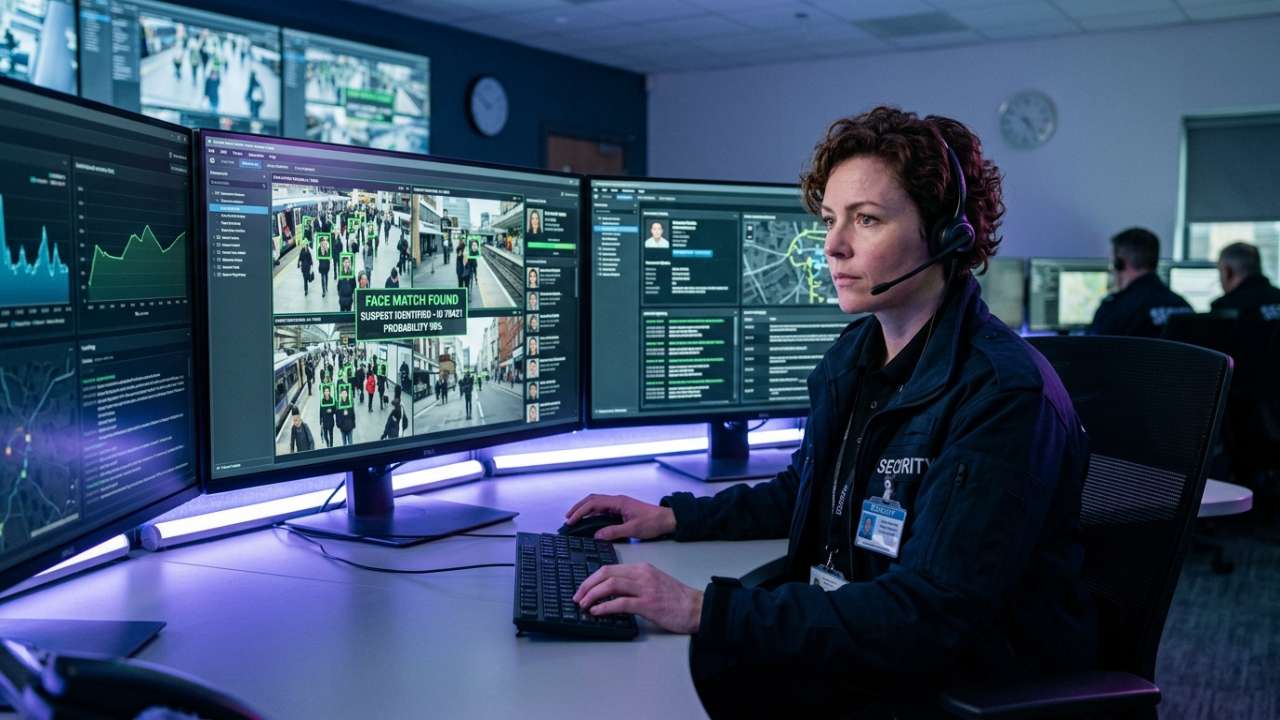 security person identifying suspect in crowds using face detection system