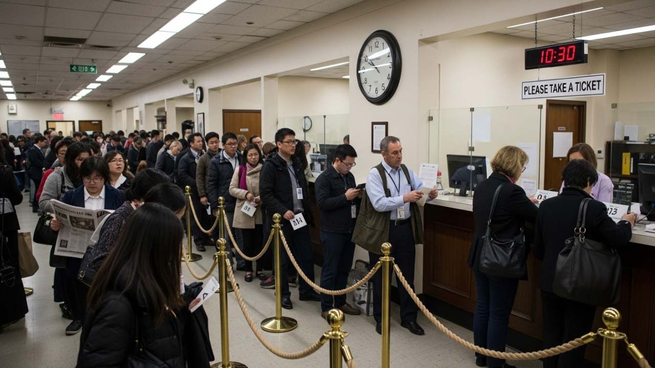 traditional queue system - people standing in long lines